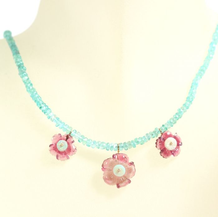 Carved Tourmaline Flower Necklace With Apatite & Opals - Image 3