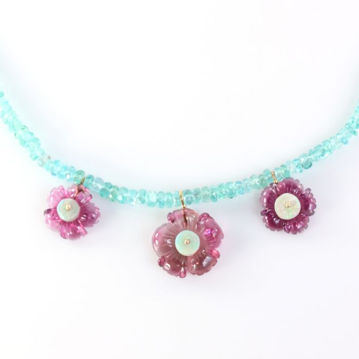 Carved Tourmaline Flower Necklace With Apatite & Opals - Image 2