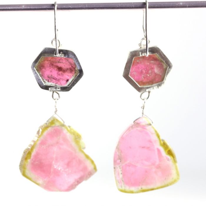 Orchid Tourmaline & Watermelon Tourmaline Slice Earrings - Image 2