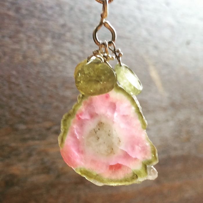 Watermelon Tourmaline Slice Pendant With Green Garnets - Image 5