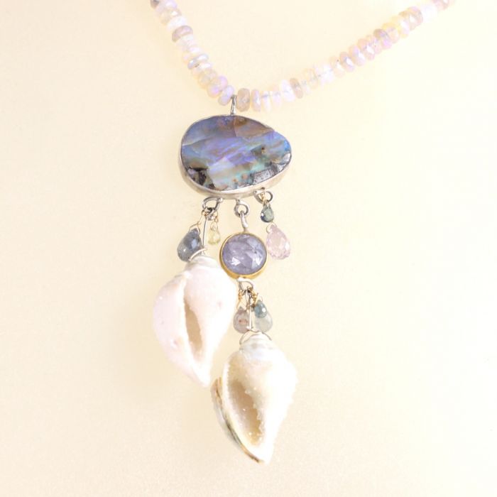 Seashell Fossil Druzy & Opal Necklace With Sapphires