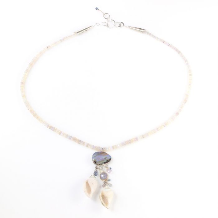 Seashell Fossil Druzy & Opal Necklace With Sapphires - Image 2