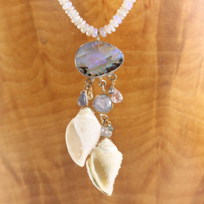 Seashell Fossil Druzy & Opal Necklace With Sapphires - Image 5