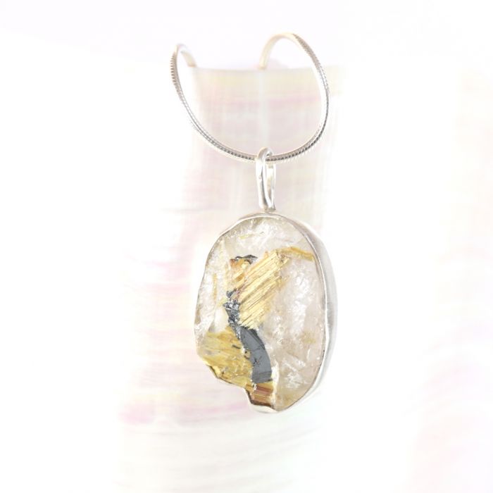 Raw Rutilated Quartz Oval Pendant With Hematite Inclusion - Image 2