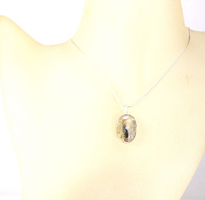 Raw Rutilated Quartz Oval Pendant With Hematite Inclusion - Image 3