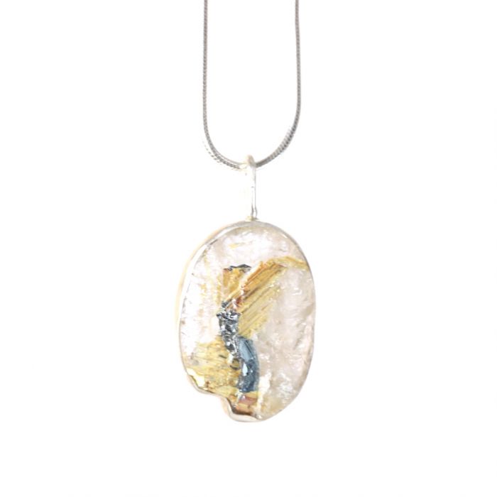 Raw Rutilated Quartz Oval Pendant With Hematite Inclusion