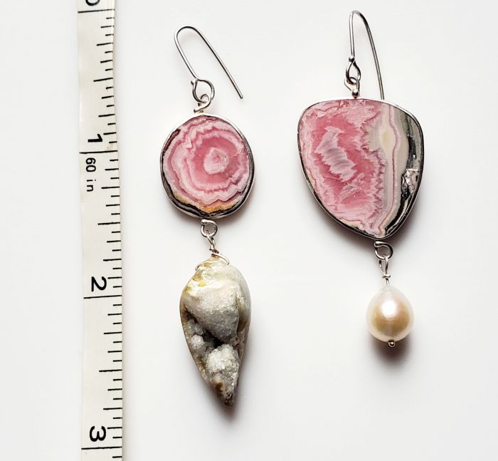 Miss Matched Rhodochrosite Pearl & Druzy Fossil Seashell Earrings - Image 4