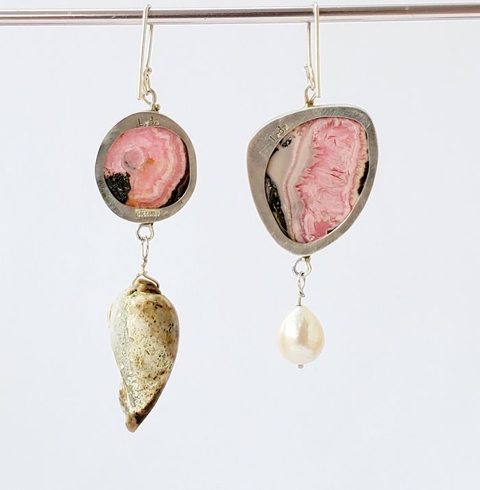 Miss Matched Rhodochrosite Pearl & Druzy Fossil Seashell Earrings - Image 3