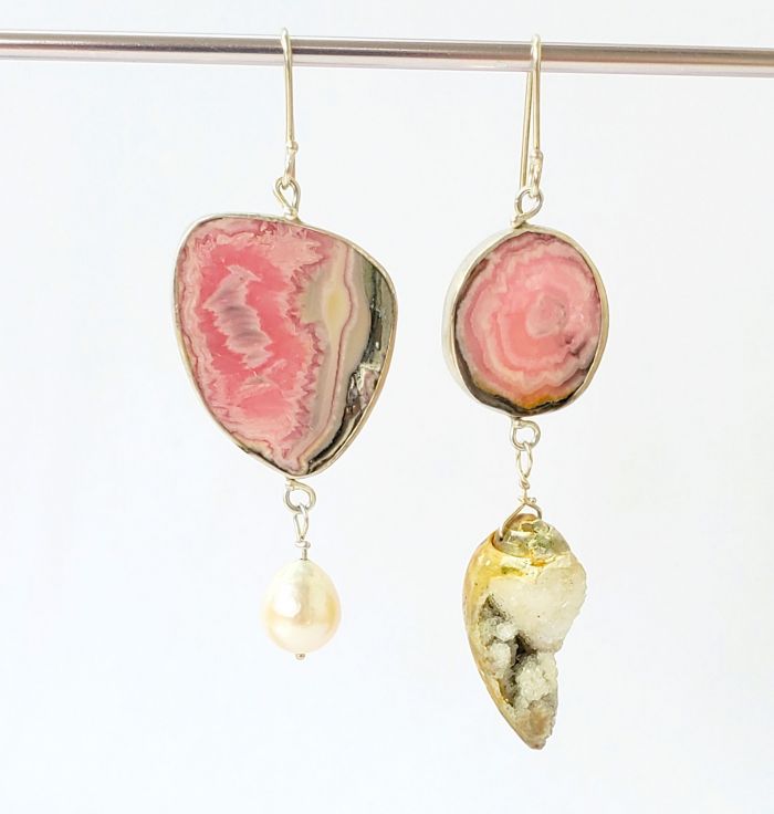 Miss Matched Rhodochrosite Pearl & Druzy Fossil Seashell Earrings - Image 2