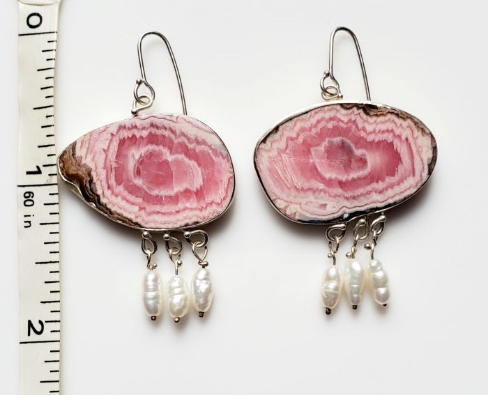 Rhodochrosite Stalactite Earrings with Freshwater Pearl Drops - Image 6