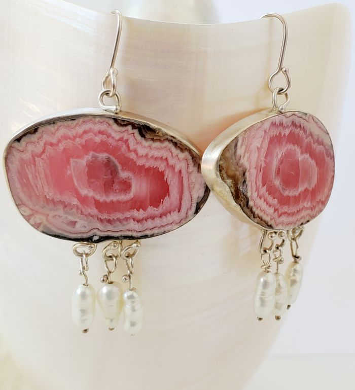 Rhodochrosite Stalactite Earrings with Freshwater Pearl Drops
