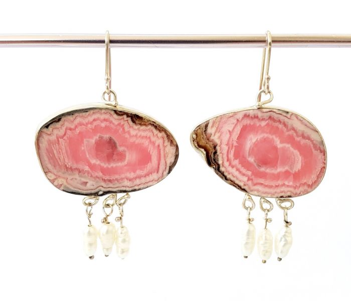 Rhodochrosite Stalactite Earrings with Freshwater Pearl Drops - Image 2