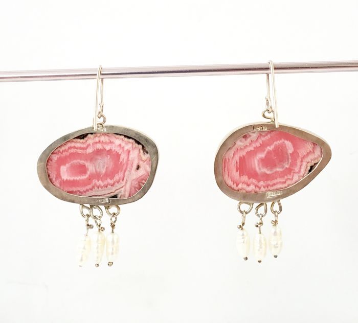 Rhodochrosite Stalactite Earrings with Freshwater Pearl Drops - Image 4