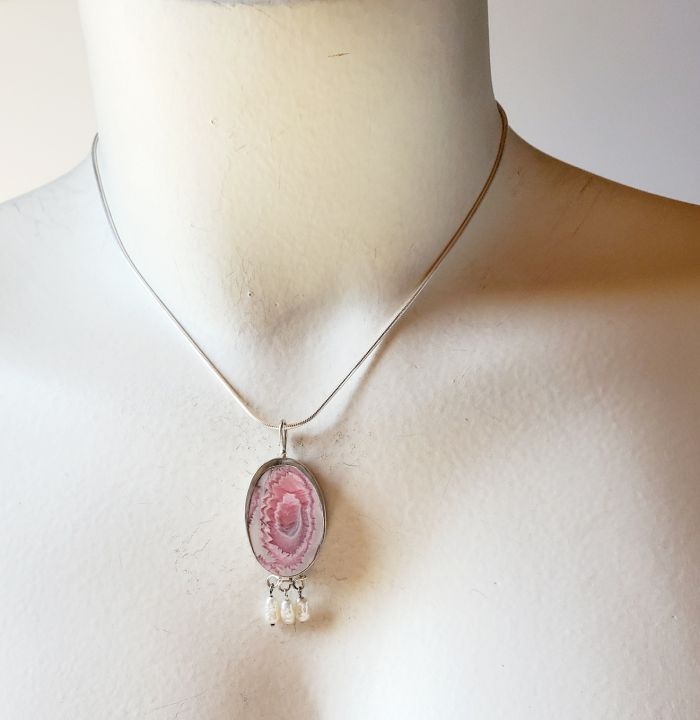 Rhodochrosite Pendant with Freshwater Pearls