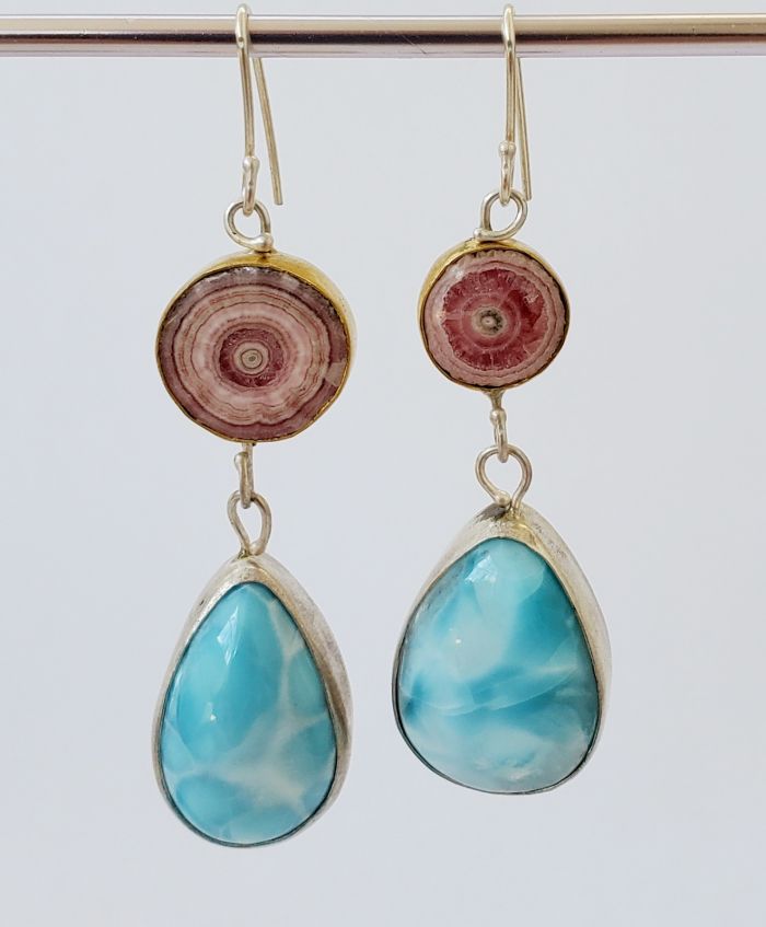 Rhodochrosite Stalactite Bullseye Earrings with Larimar Drops - Image 3