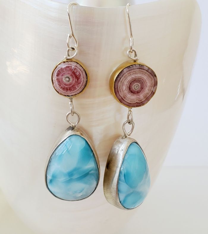 Rhodochrosite Stalactite Bullseye Earrings with Larimar Drops