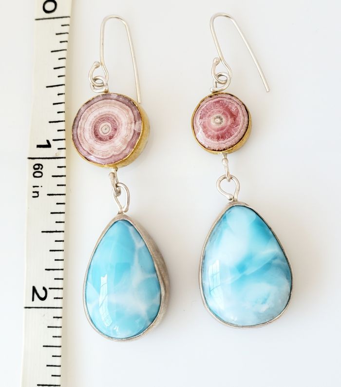 Rhodochrosite Stalactite Bullseye Earrings with Larimar Drops - Image 5