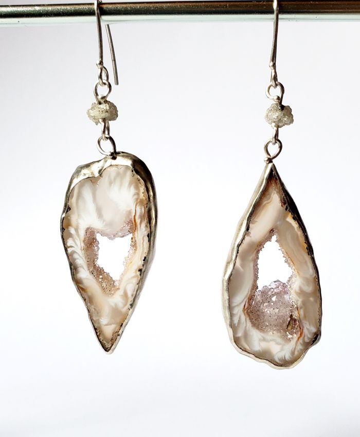 Oco Agate Geode Slice & Diamond Earrings (Miss Matched) - Image 2