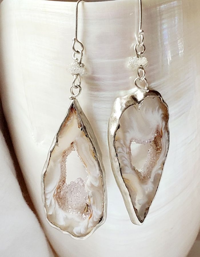 Oco Agate Geode Slice & Diamond Earrings (Miss Matched)