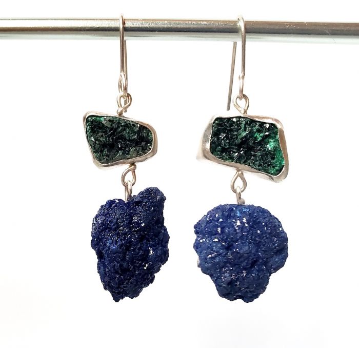 Malachite Druzy Earrings with Azurite Drops - Image 2