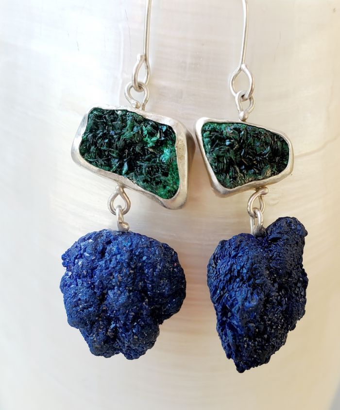 Malachite Druzy Earrings with Azurite Drops