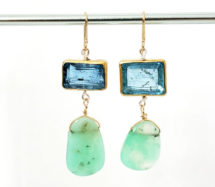 Emerald Cut Aquamarine Earrings With Chrysoprase Drops