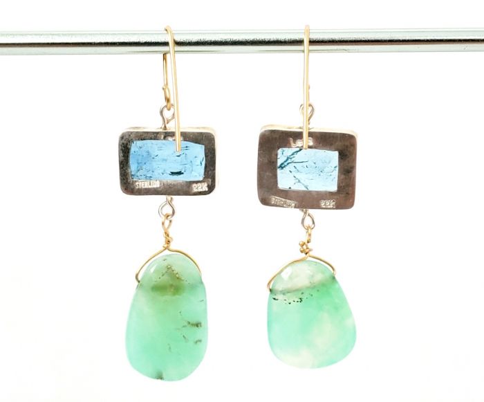 Emerald Cut Aquamarine Earrings With Chrysoprase Drops - Image 3