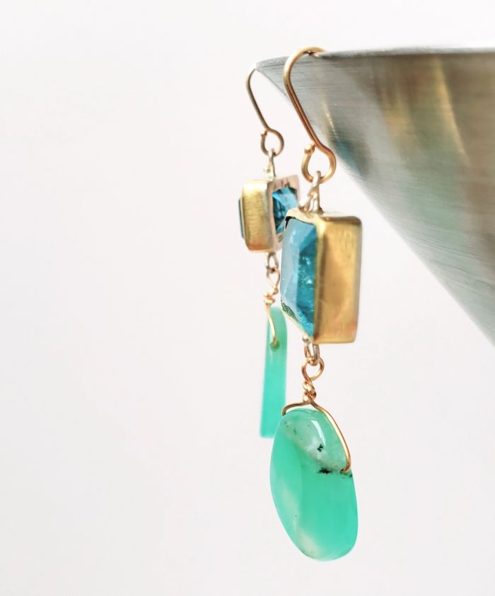 Emerald Cut Aquamarine Earrings With Chrysoprase Drops - Image 4