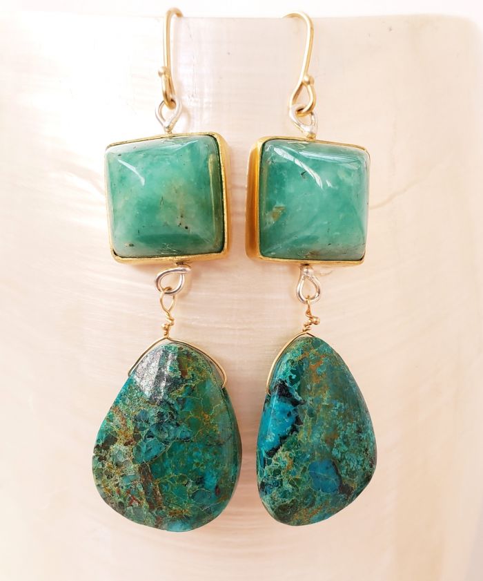 Sugarloaf Emerald Earrings With Chrysocolla Drops - Image 2
