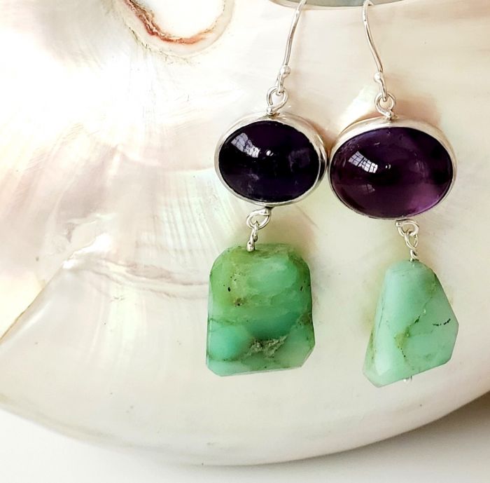 Amethyst Earrings with Chrysoprase Drops - Image 2