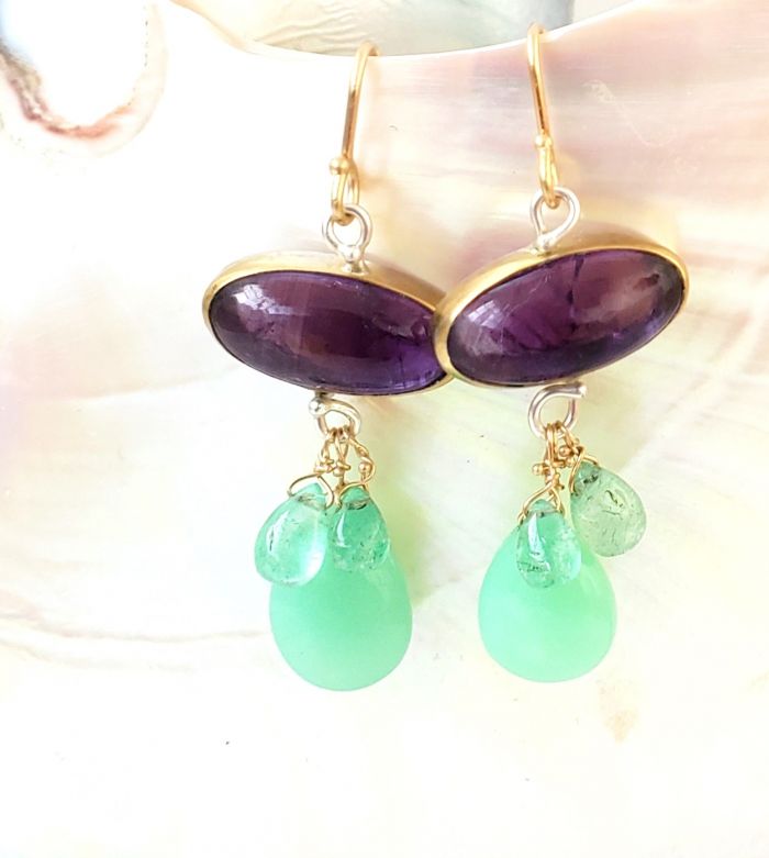 Amethyst Earrings with Chrysoprase and Emerald Drops - Image 2