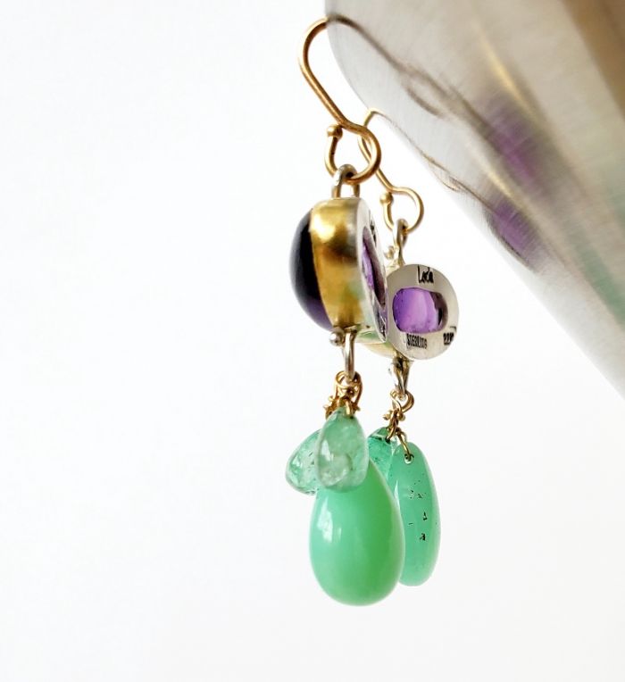 Amethyst Earrings with Chrysoprase and Emerald Drops - Image 4