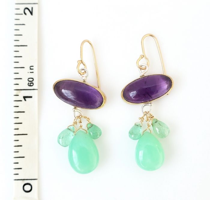 Amethyst Earrings with Chrysoprase and Emerald Drops - Image 5