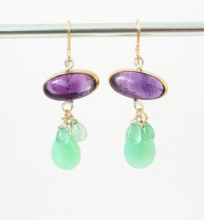 Amethyst Earrings with Chrysoprase and Emerald Drops