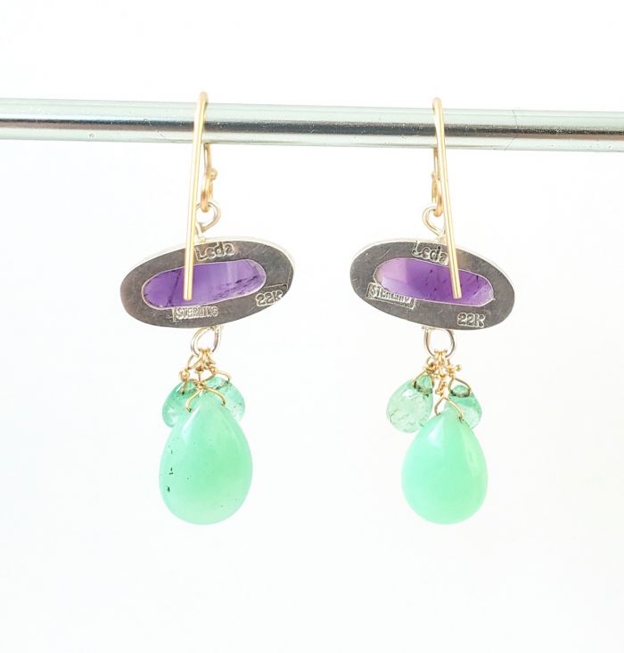 Amethyst Earrings with Chrysoprase and Emerald Drops - Image 3