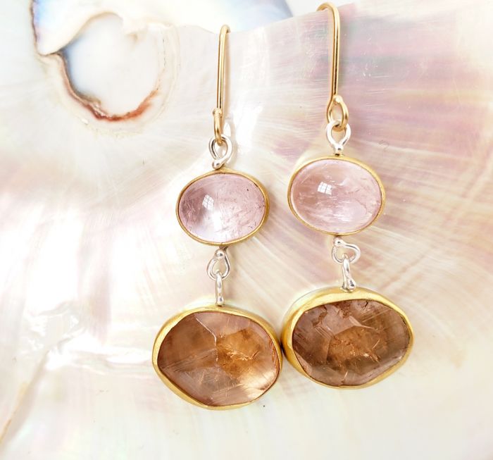 Morganite Earrings with Hessonite Garnet Drops