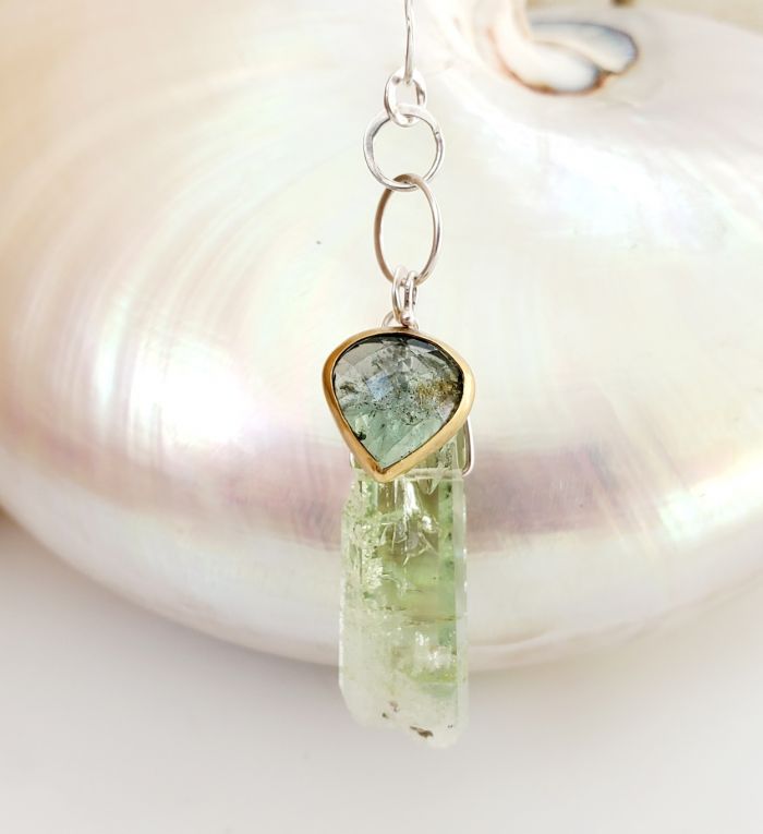 Moss Aquamarine & Beryl Crystal Duo Cluster Pendant - Image 3