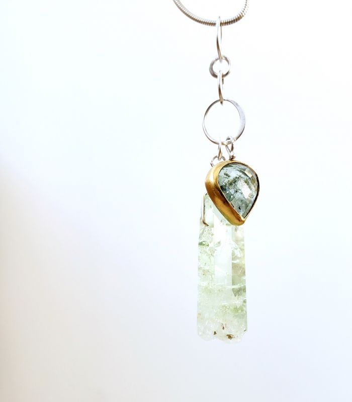 Moss Aquamarine & Beryl Crystal Duo Cluster Pendant