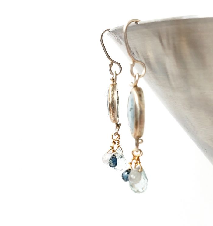 Rose Cut Aquamarine Earrings With Sapphire & Aquamarine Briolettes - Image 3