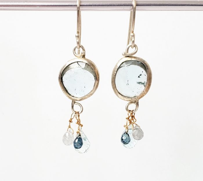 Rose Cut Aquamarine Earrings With Sapphire & Aquamarine Briolettes - Image 2