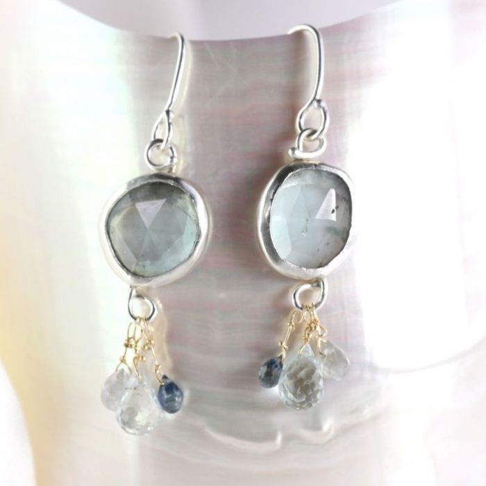 Rose Cut Aquamarine Earrings With Sapphire & Aquamarine Briolettes