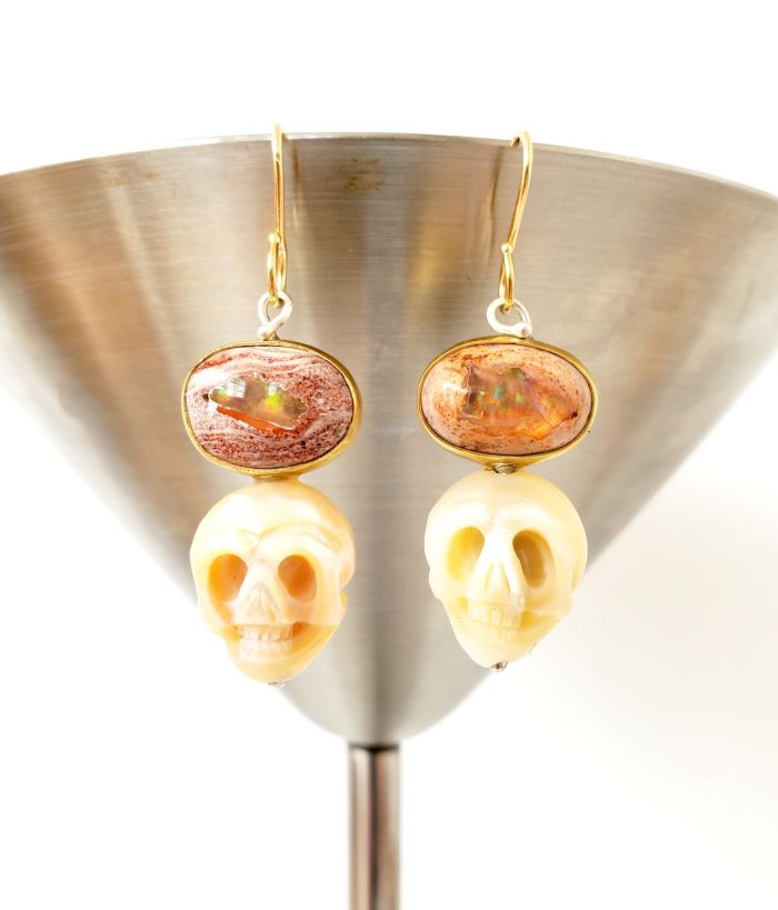 Mexican Cantera Fire Opal & Pearl Skull Earrings - Image 2