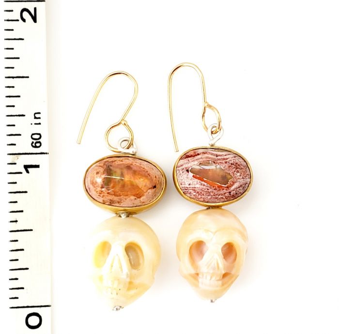 Mexican Cantera Fire Opal & Pearl Skull Earrings - Image 6