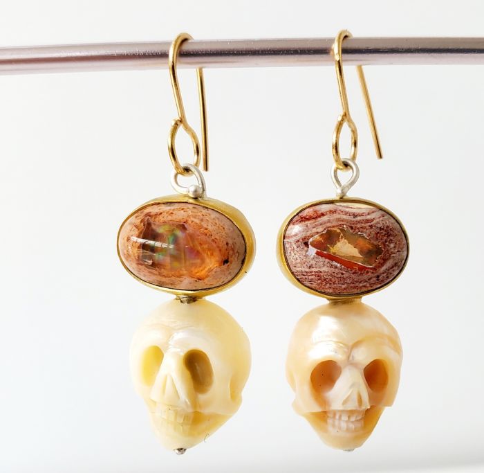 Mexican Cantera Fire Opal & Pearl Skull Earrings