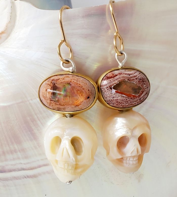 Mexican Cantera Fire Opal & Pearl Skull Earrings - Image 3