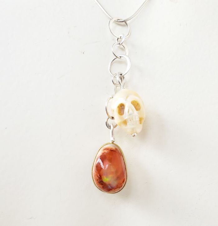 Fire Opal Pearl Skull Cluster Pendant - Image 3