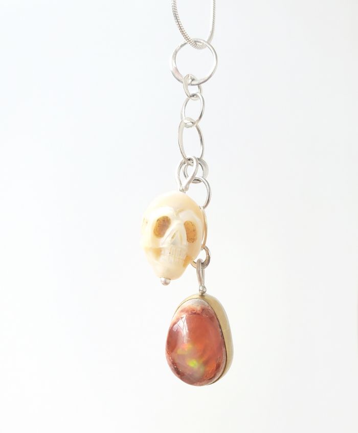 Fire Opal Pearl Skull Cluster Pendant