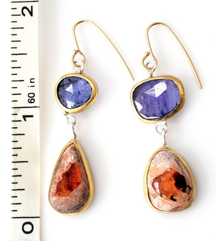 Rose Cut Tanzanite Earrings With Mexican Fire Opal Drops - Image 5