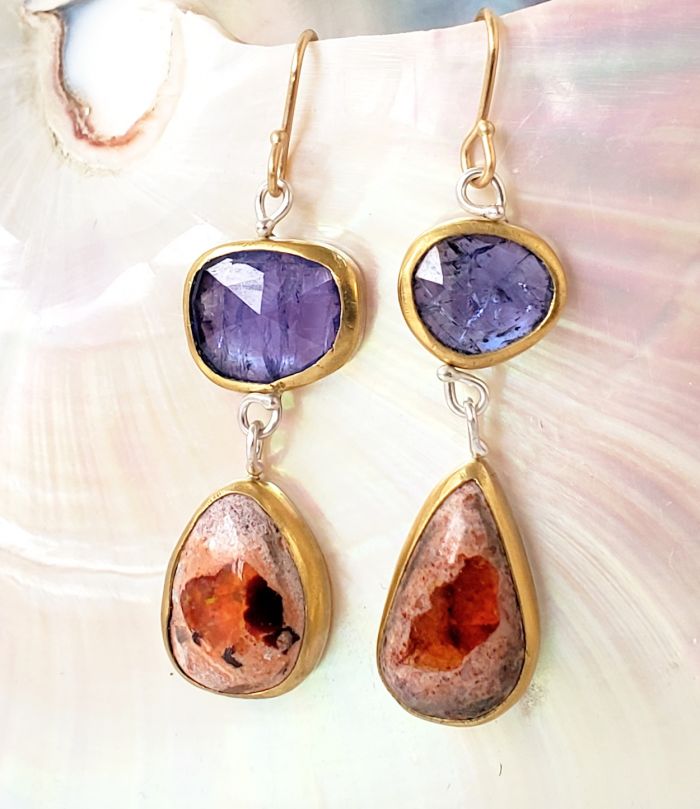 Rose Cut Tanzanite Earrings With Mexican Fire Opal Drops