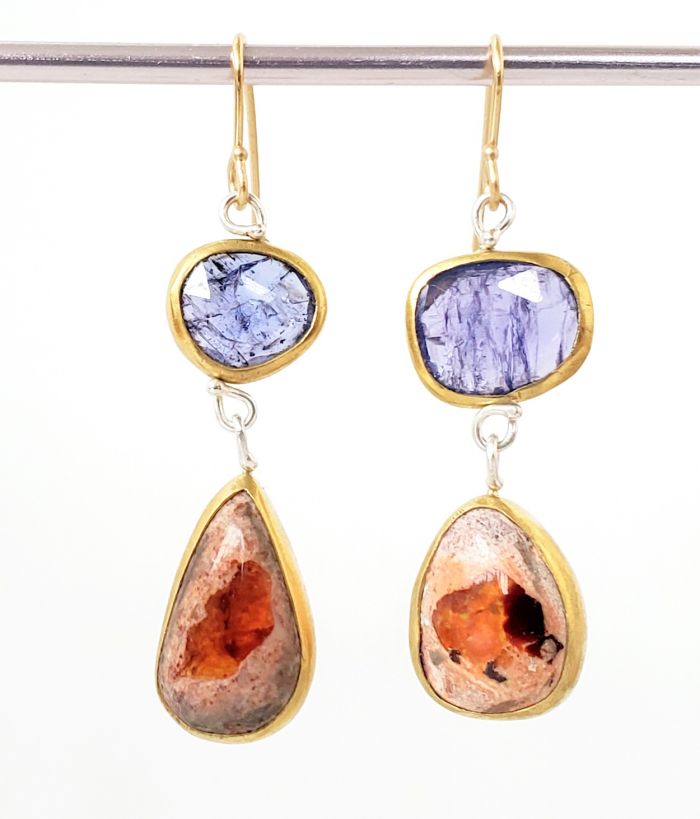 Rose Cut Tanzanite Earrings With Mexican Fire Opal Drops - Image 2